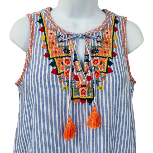 Beach Lunch Lounge Pin Strip Embroidered Cotton Linen Blend Drop Waist D… - Picture 3 of 14